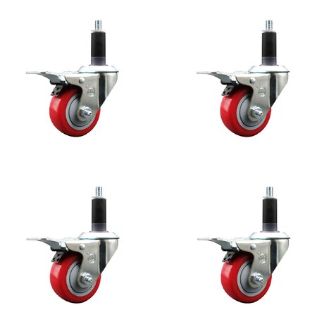 Service Caster 3'' Red Poly Swivel 1-1/8'' Expanding Stem Caster Set Total Lock Brake, 4PK SCC-EXTTL20S314-PPUB-RED-118-4